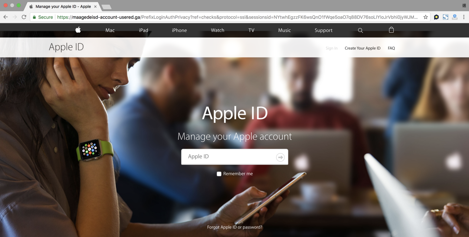 圖:假的Apple ID登入網站,可以看到他的網址根本就不是Apple的,更可怕的是他還申請到HTTPS的憑證(筆者撰文時這網站還在線上)