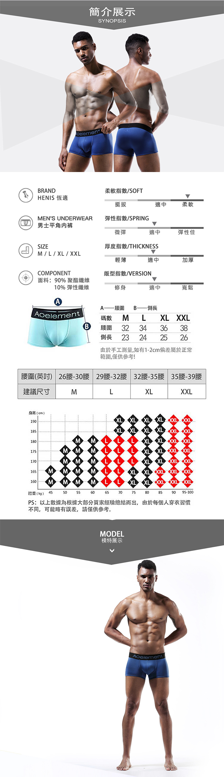 簡介展示SYNOPSISoelementBRANDHENIS 恆適柔軟指數/SOFT挺拔適中柔軟MENS UNDERWEAR 彈性指數/SPRING男士平角内裤微彈適中彈性佳SIZE厚度指數/THICKNEM /  /  / XX輕薄適中加厚COMPONENT版型指數/VERSION面料:90% 聚酯纖維10% 彈性纖維修身適中寬鬆 Aoelement碼數 M LXL XXLB 32 34側長 23 24丸363825 26由於手工測量,如有1-2偏差屬於正常範圍,僅供參考!腰圍英吋 26腰-30腰 29腰-32腰 32腰-35腰 35腰-39腰建議尺寸M身高(cm)190LXLXXL185180XLM15MM10MMM165M7M160MMMM7LL體重(kg)SS6065PS:以上數據為根據大部分買家經驗總結而出,由於每個人穿衣習慣不同,可能略有誤差,請僅供參考。7XLXLLXLXLXL XXL XXLXLXL XXLXL XXL XXLPXXLXXLXXLXXL XXL XXLXL XXL XXL7075808590 95-100MODEL模特展示Aoelement