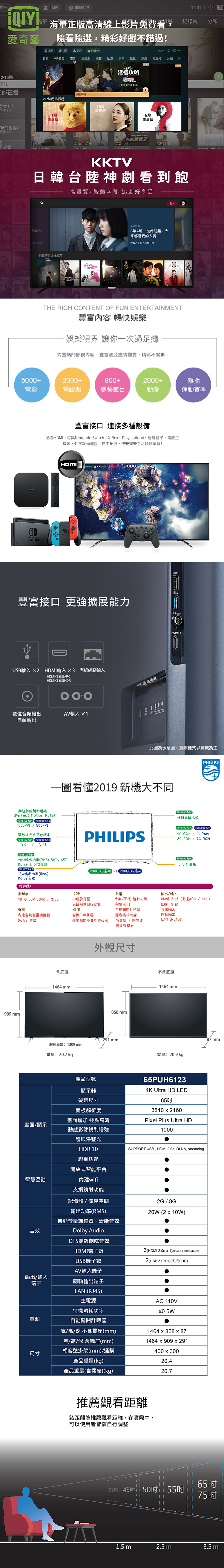 《新機+送壁掛架安裝&±0 立扇》PHILIPS飛利浦 65吋65PUH6123 4K UHD聯網液晶顯示器(附視訊盒)