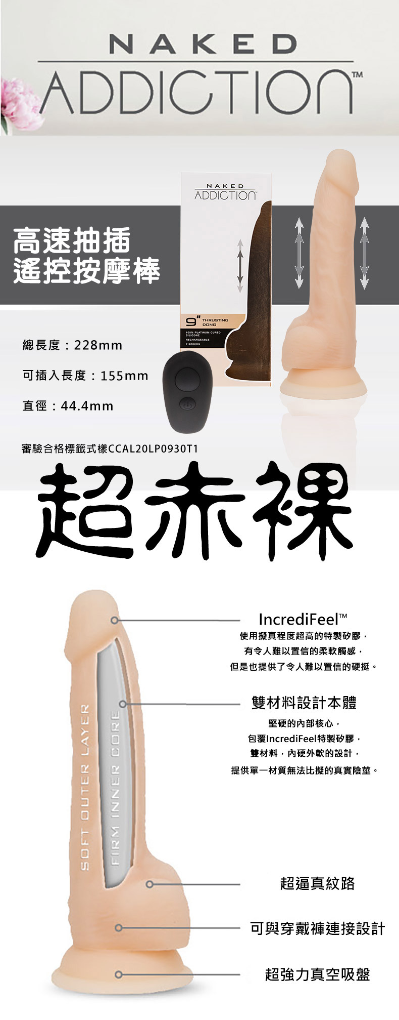 潘美爾 NAKED ADDICTION THRUSTING DONG 尼克飛仙棒 超赤裸高速抽插遙控按摩棒 產品展示