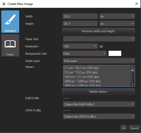 Create New Image window in Medibang