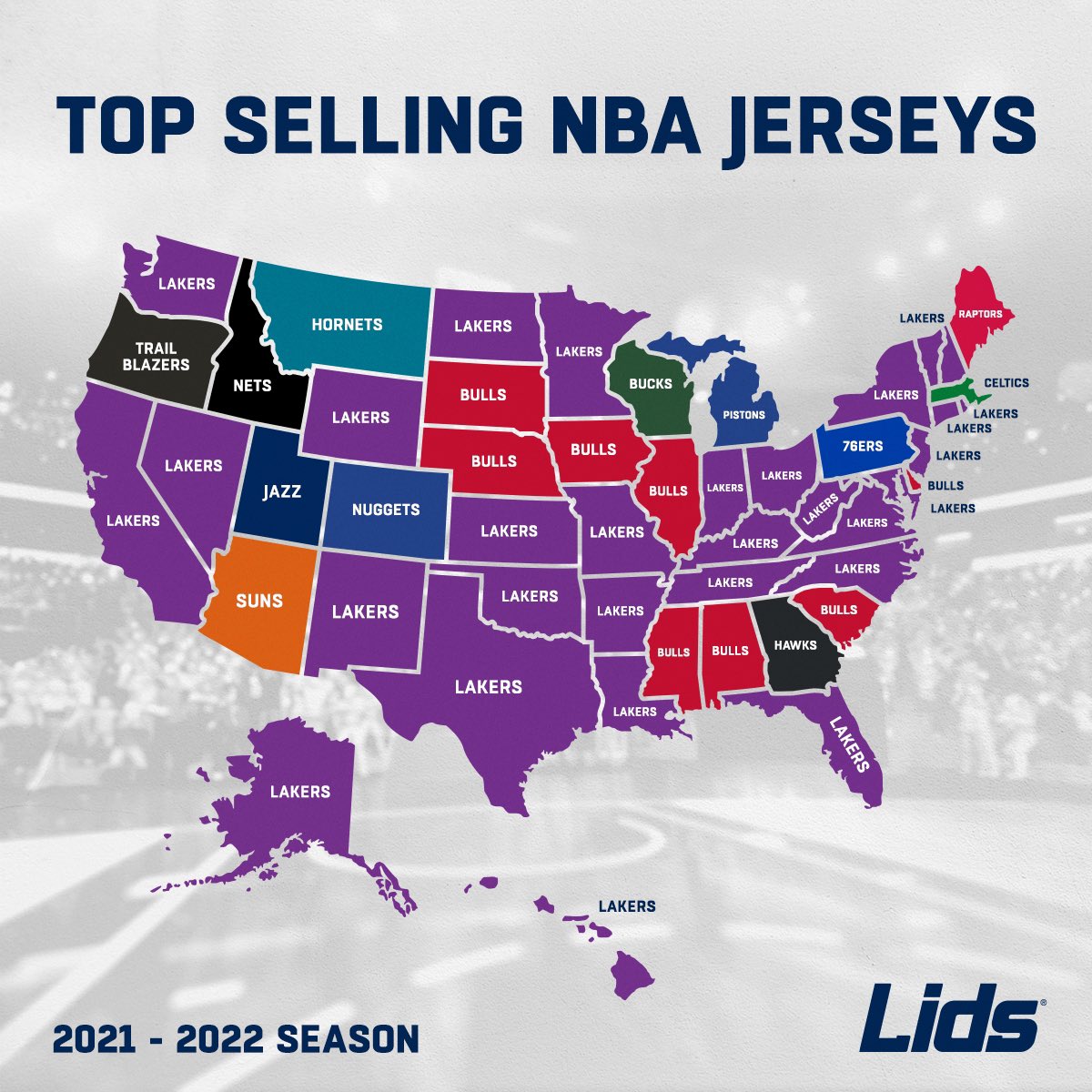 圖 Lids統計本季各州球衣銷售最佳球員及球員
