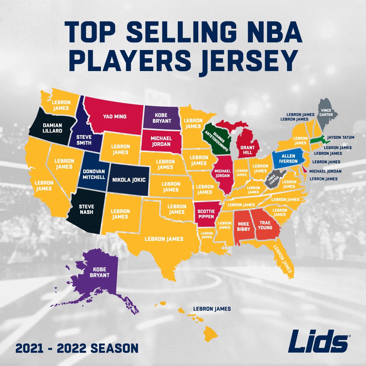 [花邊] Lids統計本季各州球衣銷售最佳球員及球員