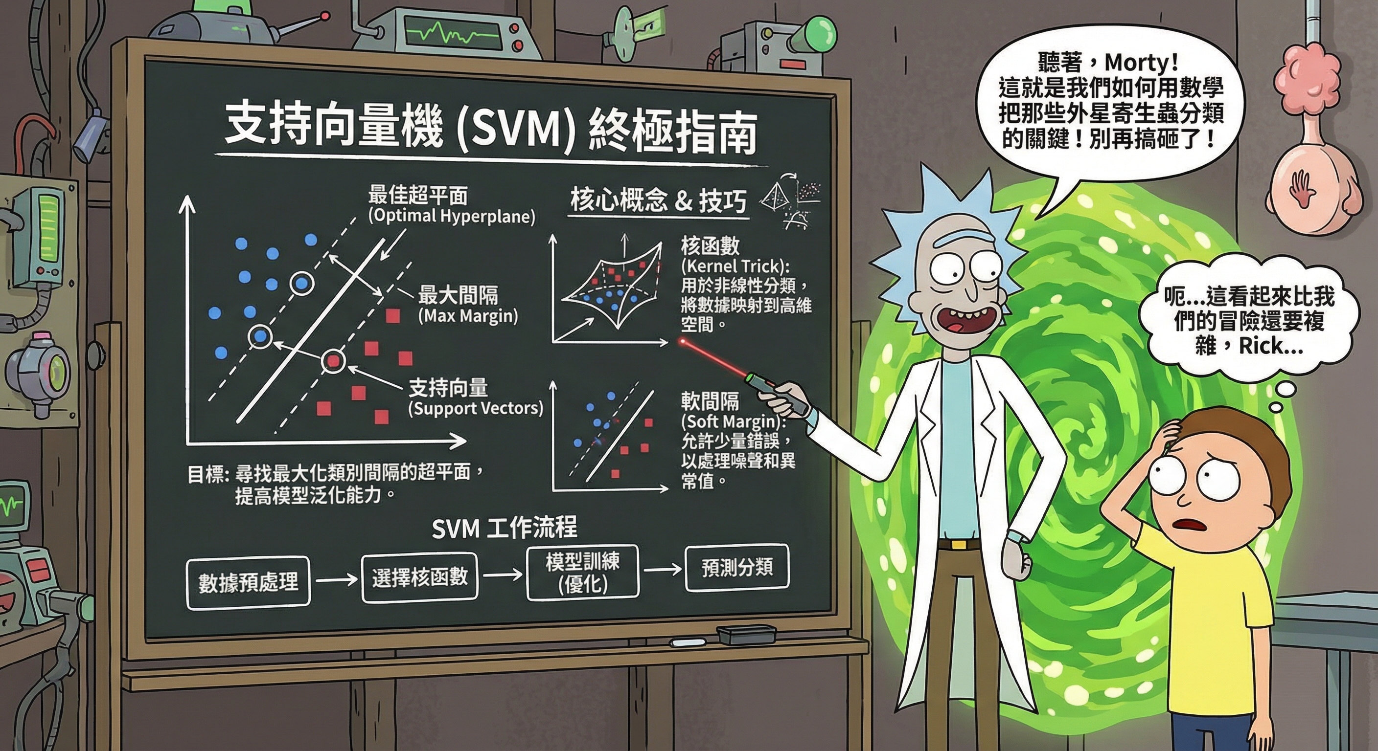 使用 rick and morty 畫風畫一張圖，用繁體中文非常详细地介绍 SVM 模型